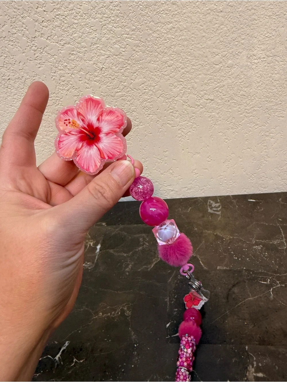 Hibiscus Hawaiian Flower Rhinestone Beaded Pen and Matching Badge Reel Handmade